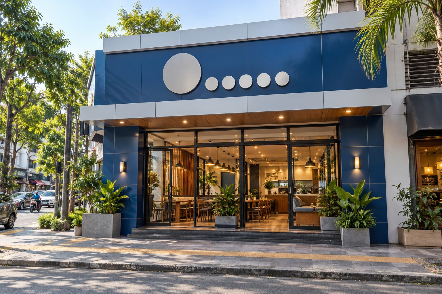 Ilustrasi storefront kuliner generik dengan fasad ACP biru dan bidang signage kosong