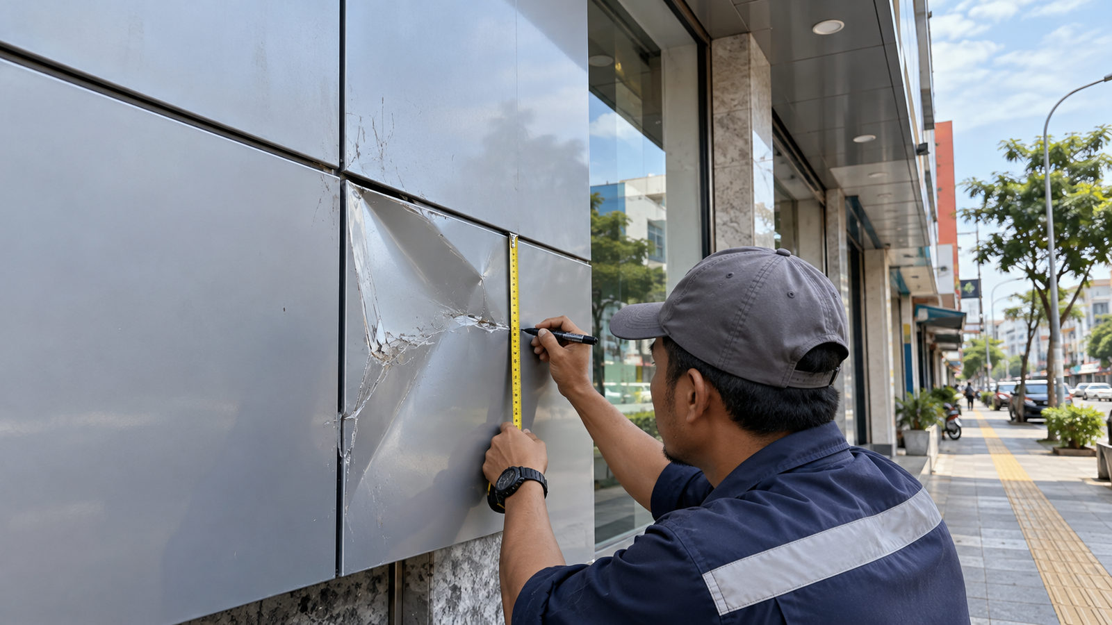 Teknisi mengukur panel ACP yang penyok akibat benturan pada fasad toko