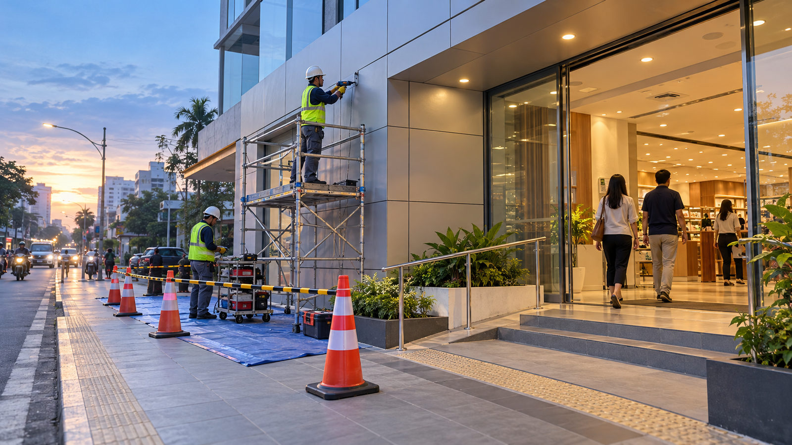 Pekerjaan maintenance ACP pagi hari dengan pembatas area dan jalur masuk toko tetap tertata